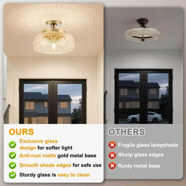 Alt view image 4 of 7 - Golden Semi Flush Mount Ceiling Light with Thickened Hand-Blown Floral Glass, Luxury 3-Light Vintage Pendant for Kitchen Hallway Entryway, Bulbs Not Included