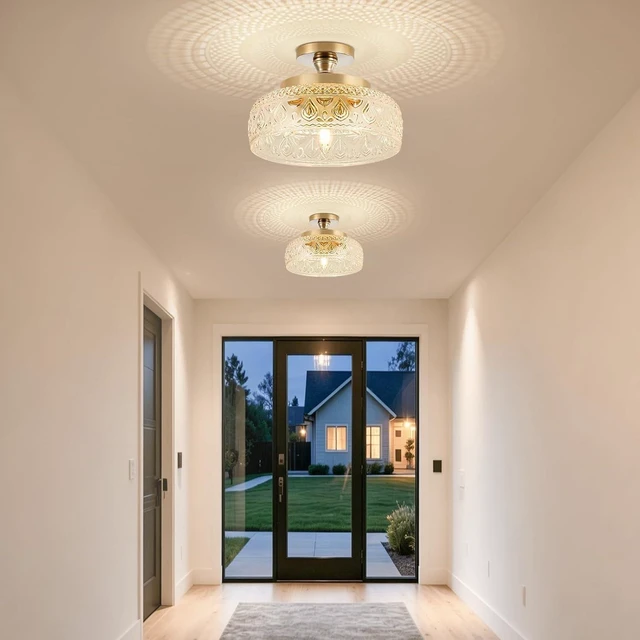 Alt view image 5 of 7 - Golden Semi Flush Mount Ceiling Light with Thickened Hand-Blown Floral Glass, Luxury 3-Light Vintage Pendant for Kitchen Hallway Entryway, Bulbs Not Included