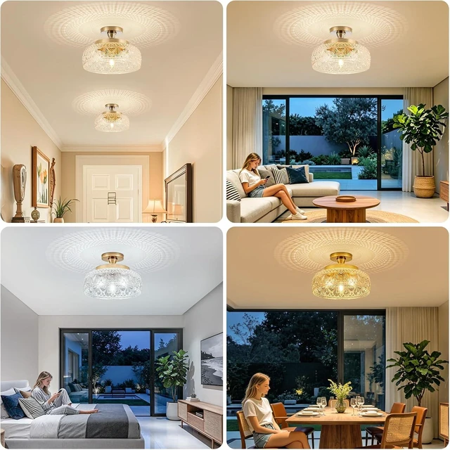 Alt view image 7 of 7 - Golden Semi Flush Mount Ceiling Light with Thickened Hand-Blown Floral Glass, Luxury 3-Light Vintage Pendant for Kitchen Hallway Entryway, Bulbs Not Included