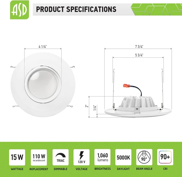 Alt view image 2 of 7 - ASD 6 Inch Gimbal Retrofit LED Recessed Light 5000K Daylight 6" Can Downlights 15W 120V High Brightness 1060 Lm Dimmable, Replacement White Trim Eyeball LED Lights, CRI 90, ETL 12 Pack