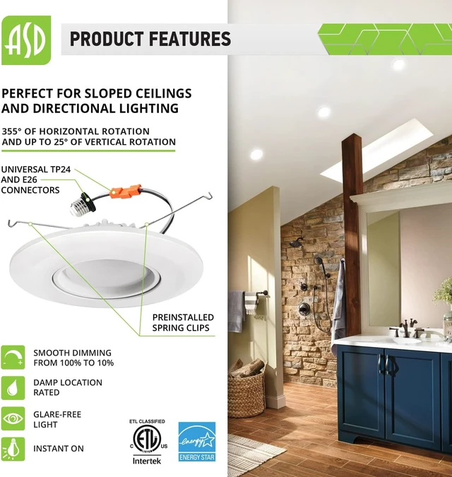 Alt view image 3 of 7 - ASD 6 Inch Gimbal Retrofit LED Recessed Light 5000K Daylight 6" Can Downlights 15W 120V High Brightness 1060 Lm Dimmable, Replacement White Trim Eyeball LED Lights, CRI 90, ETL 12 Pack
