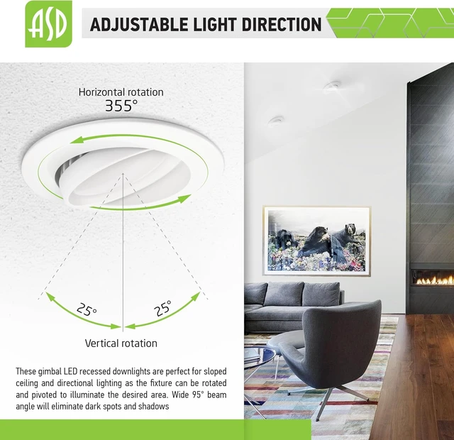 Alt view image 6 of 7 - ASD 6 Inch Gimbal Retrofit LED Recessed Light 5000K Daylight 6" Can Downlights 15W 120V High Brightness 1060 Lm Dimmable, Replacement White Trim Eyeball LED Lights, CRI 90, ETL 12 Pack