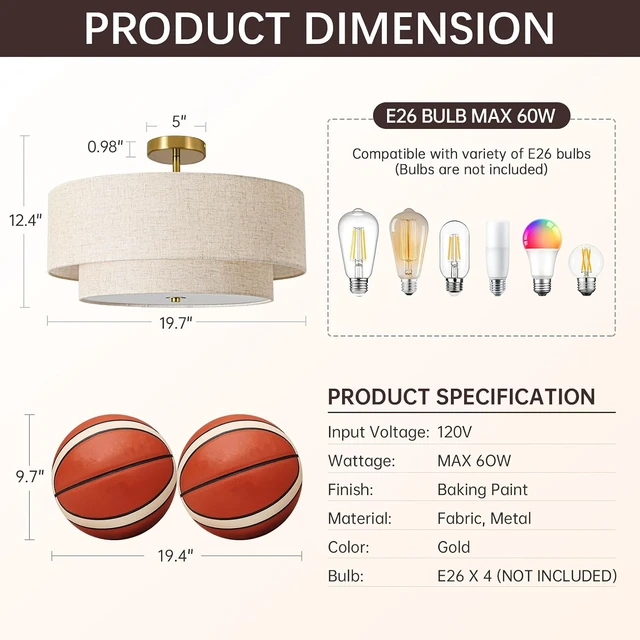 Alt view image 2 of 7 - 19.7" Semi Flush Mount Ceiling Light, 4-Light Drum Ceiling Light Fixture