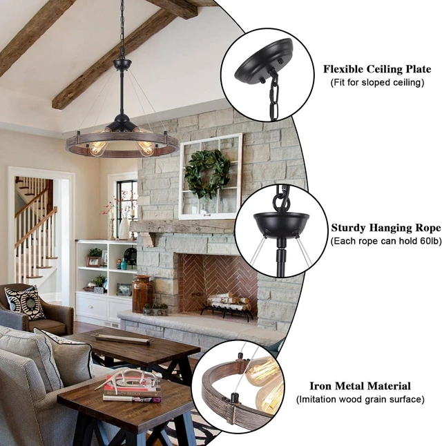Alt view image 3 of 6 - 4 Lights Wagon Wheel Chandelier Light Fixture Farmhouse Chandeliers