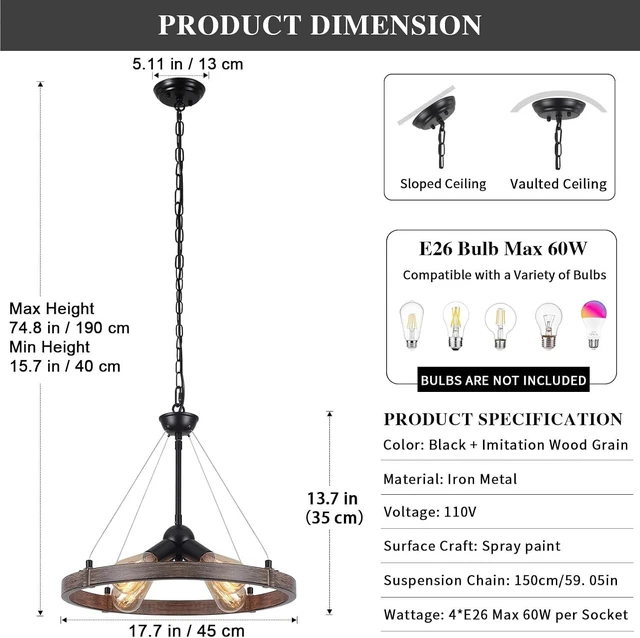 Alt view image 5 of 6 - 4 Lights Wagon Wheel Chandelier Light Fixture Farmhouse Chandeliers