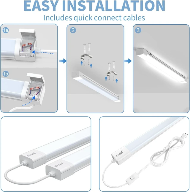 Alt view image 4 of 7 - Airand 4FT Plug in Ceiling Light, Linkable 5000K LED Shop Lights with ON/Off Switch, 36W 3600LM Garage Light Fixture, IP66 Waterproofing Tube Light for Bathroom, Workshop, Office, Basement