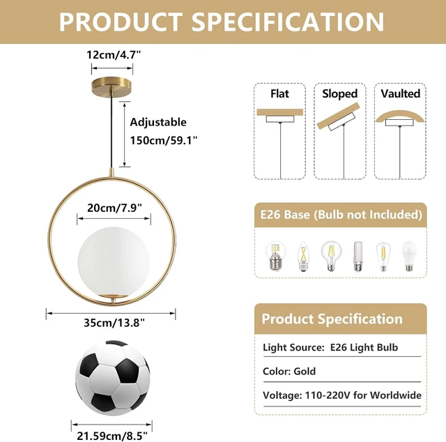 Alt view image 2 of 7 - KCO Modern 13.8 Brushed Gold Circle Pendant Light with 7.9 Globe Shade