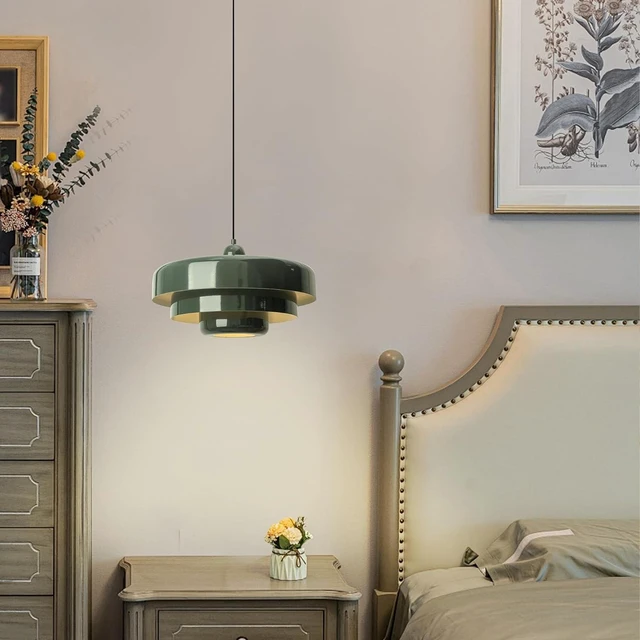 Alt view image 4 of 7 - Plug-in Green Pendant Light Fixtures, 16FT Hanging Lights with Plug in Cord 3-Layer Shade Mid Century Modern Hanging Lamp Pendant Lighting for Bedroom Dining Room Living Room