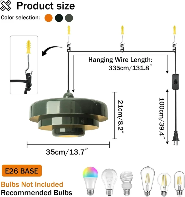Alt view image 5 of 7 - Plug-in Green Pendant Light Fixtures, 16FT Hanging Lights with Plug in Cord 3-Layer Shade Mid Century Modern Hanging Lamp Pendant Lighting for Bedroom Dining Room Living Room