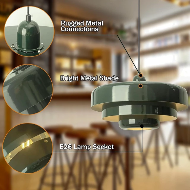 Alt view image 6 of 7 - Plug-in Green Pendant Light Fixtures, 16FT Hanging Lights with Plug in Cord 3-Layer Shade Mid Century Modern Hanging Lamp Pendant Lighting for Bedroom Dining Room Living Room
