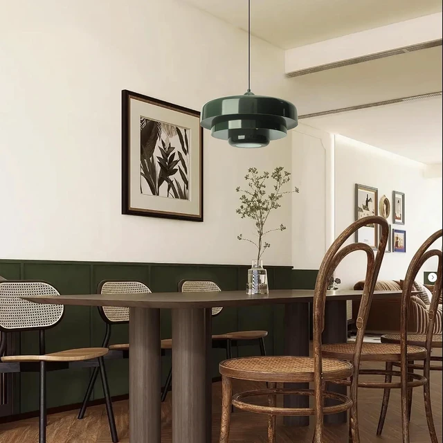 Alt view image 7 of 7 - Plug-in Green Pendant Light Fixtures, 16FT Hanging Lights with Plug in Cord 3-Layer Shade Mid Century Modern Hanging Lamp Pendant Lighting for Bedroom Dining Room Living Room
