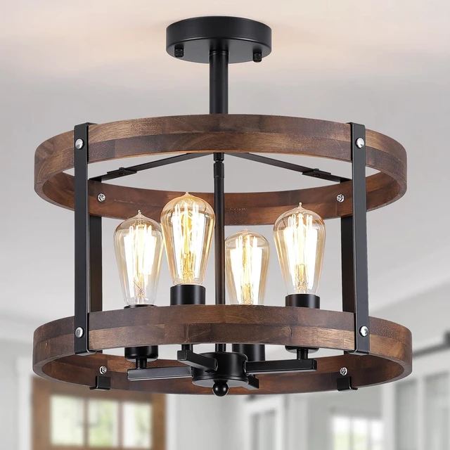 Main image of 4-Light Large Rustic Farmhouse Flush Mount Ceiling Light Fixture 16.5 inch Oak Wood Round Drum Semi Flush Mount Ceiling Light for Bedroom Hallway Entry Dining Farmhouse Living Room, Black