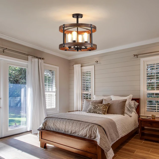 Alt view image 2 of 7 - 4-Light Large Rustic Farmhouse Flush Mount Ceiling Light Fixture 16.5 inch Oak Wood Round Drum Semi Flush Mount Ceiling Light for Bedroom Hallway Entry Dining Farmhouse Living Room, Black