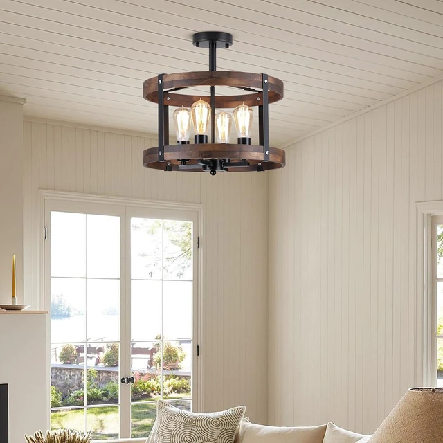 Alt view image 3 of 7 - 4-Light Large Rustic Farmhouse Flush Mount Ceiling Light Fixture 16.5 inch Oak Wood Round Drum Semi Flush Mount Ceiling Light for Bedroom Hallway Entry Dining Farmhouse Living Room, Black