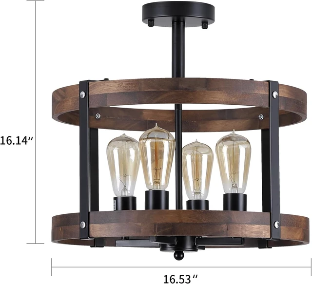 Alt view image 4 of 7 - 4-Light Large Rustic Farmhouse Flush Mount Ceiling Light Fixture 16.5 inch Oak Wood Round Drum Semi Flush Mount Ceiling Light for Bedroom Hallway Entry Dining Farmhouse Living Room, Black