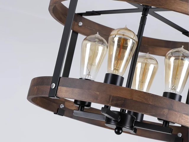 Alt view image 5 of 7 - 4-Light Large Rustic Farmhouse Flush Mount Ceiling Light Fixture 16.5 inch Oak Wood Round Drum Semi Flush Mount Ceiling Light for Bedroom Hallway Entry Dining Farmhouse Living Room, Black