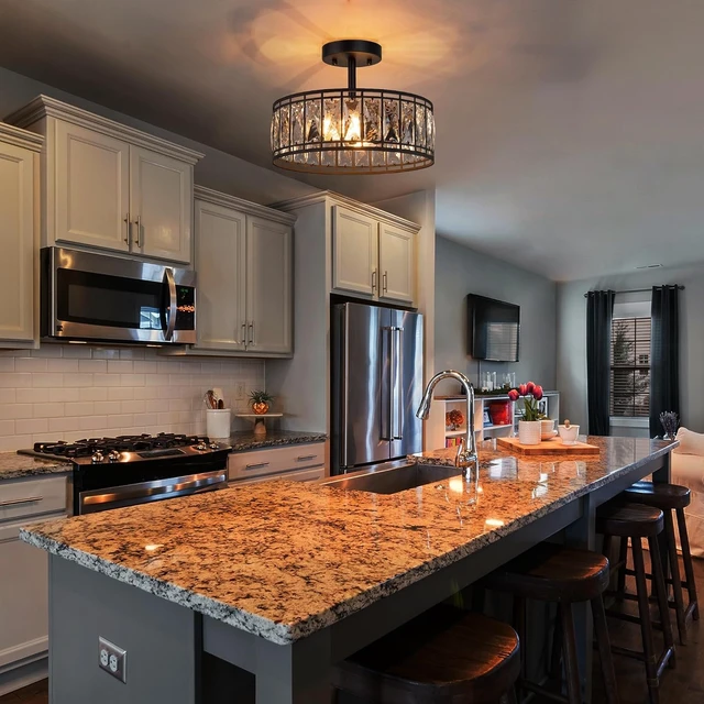 Alt view image 2 of 6 - KSANA Modern Farmhouse Crystal Semi Flush Mount Ceiling Light Fixture with Drum Glass Shade for Bedroom, Hallway, Kitchen, Dining & Living Room, Foyer and Bathroom