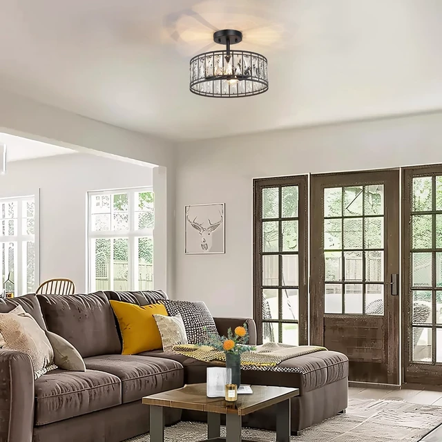 Alt view image 3 of 6 - KSANA Modern Farmhouse Crystal Semi Flush Mount Ceiling Light Fixture with Drum Glass Shade for Bedroom, Hallway, Kitchen, Dining & Living Room, Foyer and Bathroom