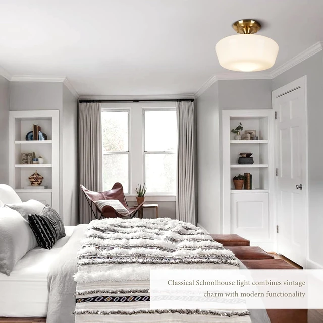 Alt view image 5 of 7 - Schoolhouse Style Semi Flush Mount Ceiling Light Fixture, 12" Modern Gold Hallway Ceiling Lamp with Opal Milk Glass Shade Brass, Farmhouse Globe Light for Bedroom Kitchen Hallway Entryway Laundry