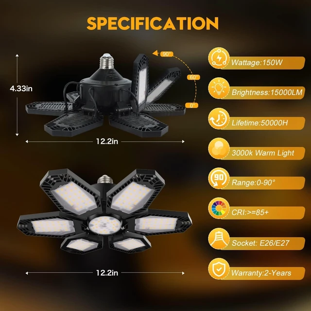 Alt view image 4 of 5 - TANBABY 2 Pack Warm Garage Lights, Deformable Ceiling Light, 12000LM 3000K