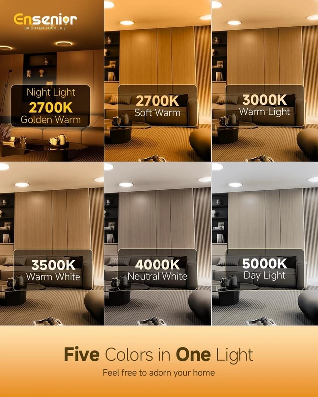 Alt view image 4 of 7 - Ensenior 12 Pack 4 Inch LED Recessed Ceiling Light with Night Light, Dimmable, 2700K-5000K 5CCT, 750LM 9W 120V, High Brightness Canless Wafer Downlight - FCC