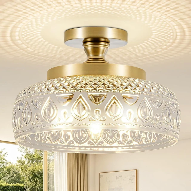 Main image of Golden Semi Flush Mount Ceiling Light with Thickened Hand-Blown Floral Glass, Luxury 3-Light Vintage Pendant for Kitchen Hallway Entryway, Bulbs Not Included