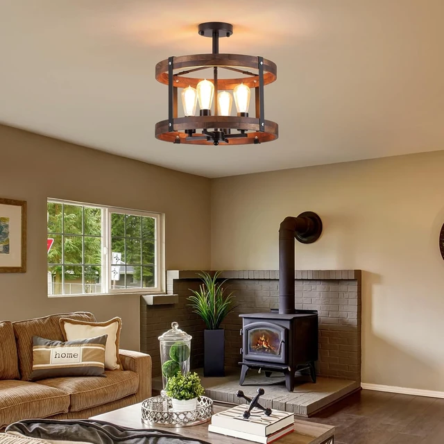 Alt view image 7 of 7 - 4-Light Large Rustic Farmhouse Flush Mount Ceiling Light Fixture 16.5 inch Oak Wood Round Drum Semi Flush Mount Ceiling Light for Bedroom Hallway Entry Dining Farmhouse Living Room, Black