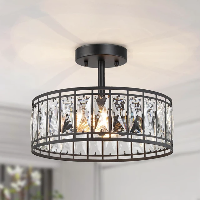 Main image of KSANA Modern Farmhouse Crystal Semi Flush Mount Ceiling Light Fixture with Drum Glass Shade for Bedroom, Hallway, Kitchen, Dining & Living Room, Foyer and Bathroom