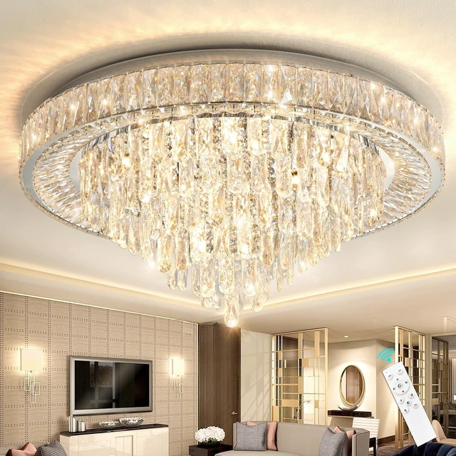 Alt view image 2 of 6 - Modern Chandeliers for Living Room Crystal Ceiling Light Fixture LED Dimmable Lamp with Remote Pendant Lighting Flush Mount Ceiling Lighting for Dining Room Bedrooms