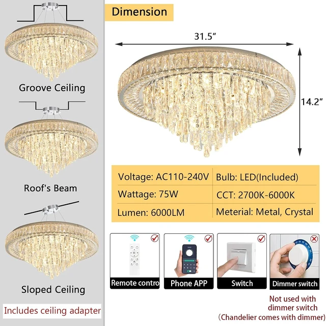 Alt view image 3 of 6 - Modern Chandeliers for Living Room Crystal Ceiling Light Fixture LED Dimmable Lamp with Remote Pendant Lighting Flush Mount Ceiling Lighting for Dining Room Bedrooms