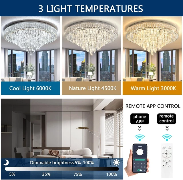 Alt view image 4 of 6 - Modern Chandeliers for Living Room Crystal Ceiling Light Fixture LED Dimmable Lamp with Remote Pendant Lighting Flush Mount Ceiling Lighting for Dining Room Bedrooms