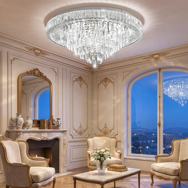 Alt view image 5 of 6 - Modern Chandeliers for Living Room Crystal Ceiling Light Fixture LED Dimmable Lamp with Remote Pendant Lighting Flush Mount Ceiling Lighting for Dining Room Bedrooms