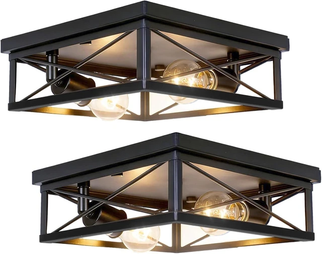 Main image of 2-Pack Farmhouse Black Flush Mount Ceiling Lights, Industrial Square Metal Cage Light fixtures for Bedroom Hallway Kitchen Balcony Porch Stairway