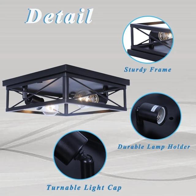 Alt view image 3 of 7 - 2-Pack Farmhouse Black Flush Mount Ceiling Lights, Industrial Square Metal Cage Light fixtures for Bedroom Hallway Kitchen Balcony Porch Stairway
