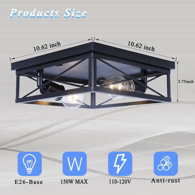 Alt view image 2 of 7 - 2-Pack Farmhouse Black Flush Mount Ceiling Lights, Industrial Square Metal Cage Light fixtures for Bedroom Hallway Kitchen Balcony Porch Stairway