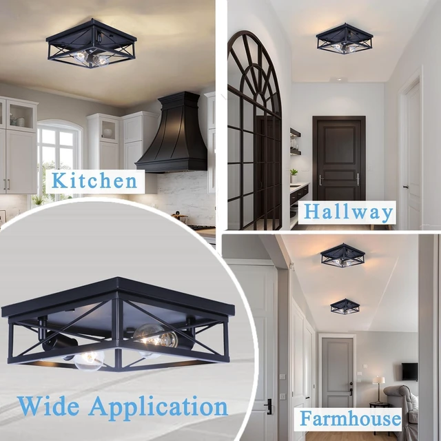 Alt view image 4 of 7 - 2-Pack Farmhouse Black Flush Mount Ceiling Lights, Industrial Square Metal Cage Light fixtures for Bedroom Hallway Kitchen Balcony Porch Stairway