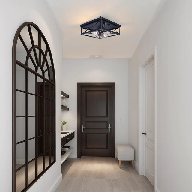 Alt view image 5 of 7 - 2-Pack Farmhouse Black Flush Mount Ceiling Lights, Industrial Square Metal Cage Light fixtures for Bedroom Hallway Kitchen Balcony Porch Stairway