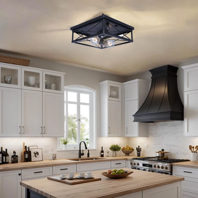 Alt view image 6 of 7 - 2-Pack Farmhouse Black Flush Mount Ceiling Lights, Industrial Square Metal Cage Light fixtures for Bedroom Hallway Kitchen Balcony Porch Stairway