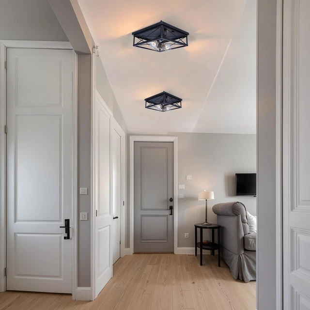 Alt view image 7 of 7 - 2-Pack Farmhouse Black Flush Mount Ceiling Lights, Industrial Square Metal Cage Light fixtures for Bedroom Hallway Kitchen Balcony Porch Stairway