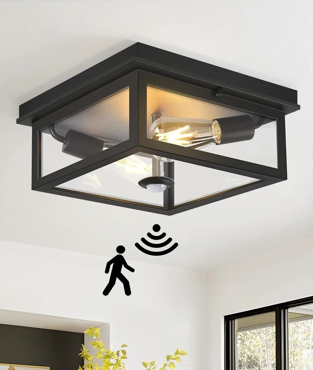 Main image of Motion Sensor Outdoor Ceiling Light with Remote, 12.2 Inch Black Flush Mount Porch Light Fixture with United Glass Cover, 5 Modes Outside Flush Mount Light for Porch, Garage, Patio, Entryway