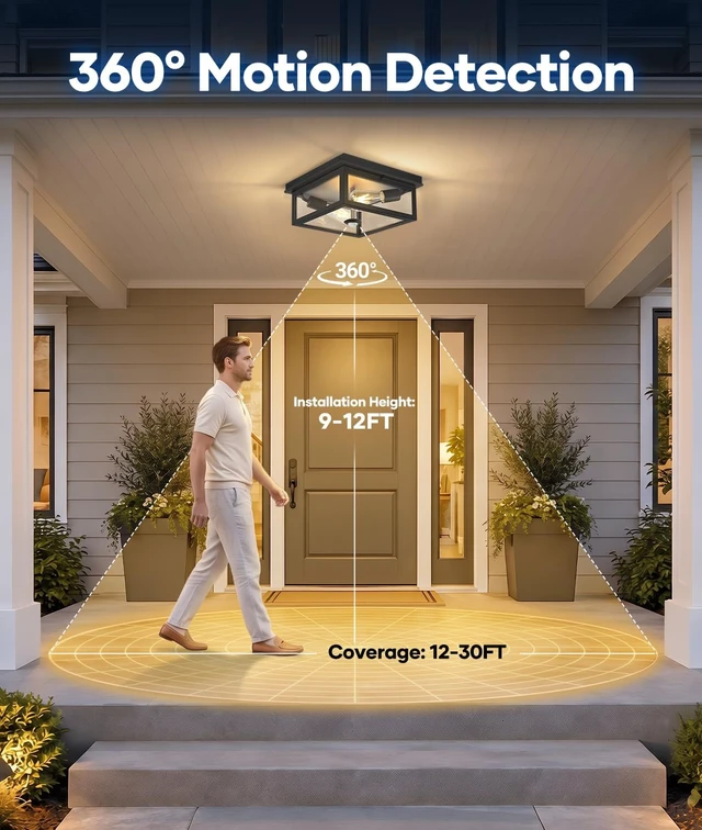Alt view image 3 of 7 - Motion Sensor Outdoor Ceiling Light with Remote, 12.2 Inch Black Flush Mount Porch Light Fixture with United Glass Cover, 5 Modes Outside Flush Mount Light for Porch, Garage, Patio, Entryway