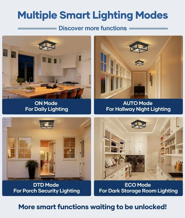 Alt view image 5 of 7 - Motion Sensor Outdoor Ceiling Light with Remote, 12.2 Inch Black Flush Mount Porch Light Fixture with United Glass Cover, 5 Modes Outside Flush Mount Light for Porch, Garage, Patio, Entryway