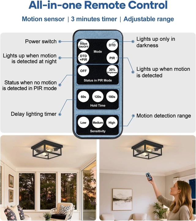 Alt view image 6 of 7 - Motion Sensor Outdoor Ceiling Light with Remote, 12.2 Inch Black Flush Mount Porch Light Fixture with United Glass Cover, 5 Modes Outside Flush Mount Light for Porch, Garage, Patio, Entryway