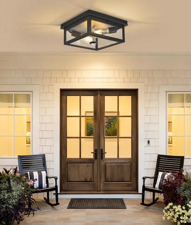Alt view image 7 of 7 - Motion Sensor Outdoor Ceiling Light with Remote, 12.2 Inch Black Flush Mount Porch Light Fixture with United Glass Cover, 5 Modes Outside Flush Mount Light for Porch, Garage, Patio, Entryway