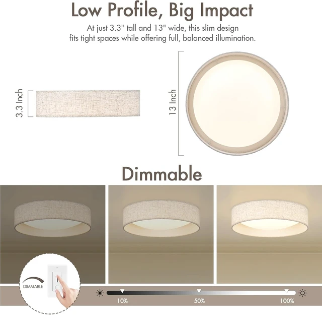 Alt view image 2 of 7 - Modern Linen LED 13 Inch Ceiling Light Fixture with 24W 5CCT, Flush Mount Low Profile Room Lamp, Dimmable Minimalist Lighting for Bedroom, Kitchen, Hallway, Closet, Entryway