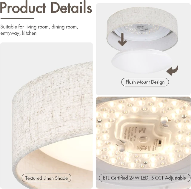 Alt view image 4 of 7 - Modern Linen LED 13 Inch Ceiling Light Fixture with 24W 5CCT, Flush Mount Low Profile Room Lamp, Dimmable Minimalist Lighting for Bedroom, Kitchen, Hallway, Closet, Entryway