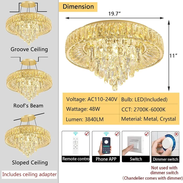 Alt view image 2 of 7 - Modern Crystal Chandeliers for Dining Room LED Light Fixture Close to Ceiling Chandelier Flush Mount Ceiling Light Dimmable Lamp with Remote for Living Room Bedroom Hallway