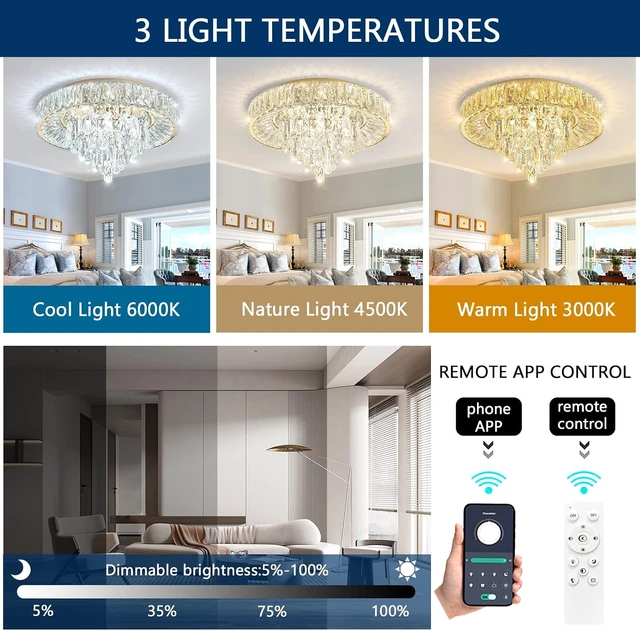 Alt view image 3 of 7 - Modern Crystal Chandeliers for Dining Room LED Light Fixture Close to Ceiling Chandelier Flush Mount Ceiling Light Dimmable Lamp with Remote for Living Room Bedroom Hallway