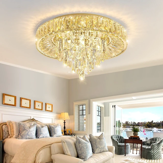 Alt view image 4 of 7 - Modern Crystal Chandeliers for Dining Room LED Light Fixture Close to Ceiling Chandelier Flush Mount Ceiling Light Dimmable Lamp with Remote for Living Room Bedroom Hallway