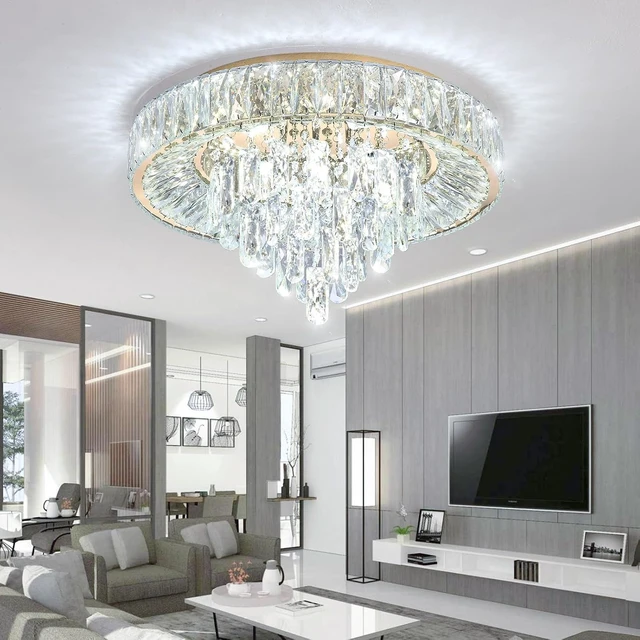 Alt view image 5 of 7 - Modern Crystal Chandeliers for Dining Room LED Light Fixture Close to Ceiling Chandelier Flush Mount Ceiling Light Dimmable Lamp with Remote for Living Room Bedroom Hallway